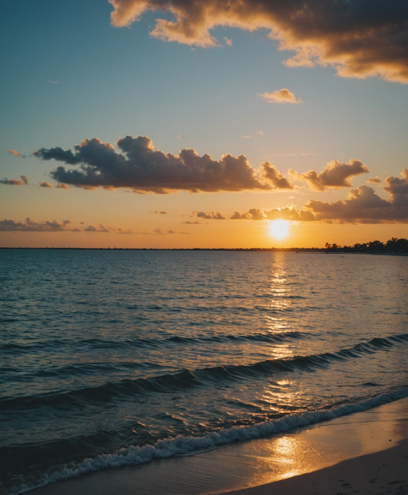 model-p-1 Palm trees silhouetted against a vibrant sunset over a calm bay